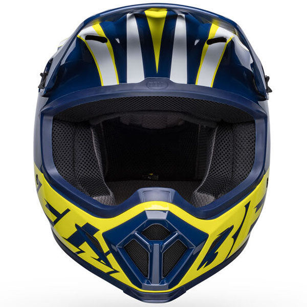 motorcycle helmet, front view, showing aerodynamic shell design, ventilation ports, and secure retention system built for rider comfort and protection