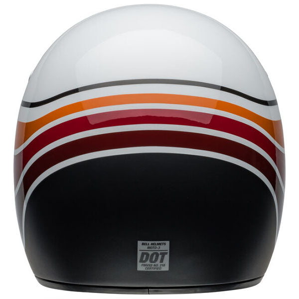 motorcycle helmet, rear view, showing aerodynamic shell design, ventilation ports, and secure retention system built for rider comfort and protection