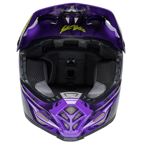 motorcycle helmet, front view, showing aerodynamic shell design, ventilation ports, and secure retention system built for rider comfort and protection