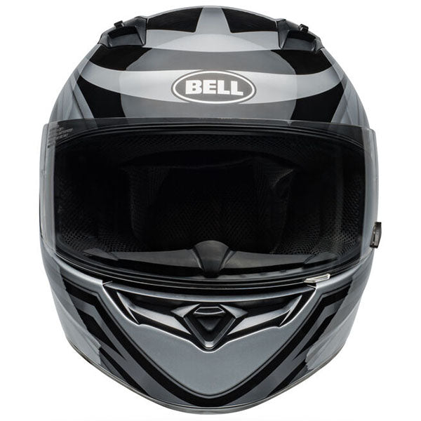 motorcycle helmet, front view, showing aerodynamic shell design, ventilation ports, and secure retention system built for rider comfort and protection