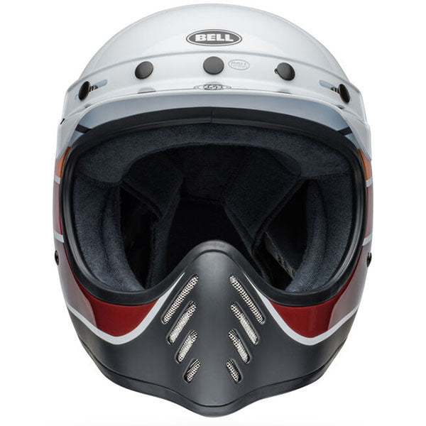 motorcycle helmet, front view, showing aerodynamic shell design, ventilation ports, and secure retention system built for rider comfort and protection