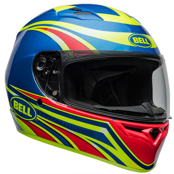 motorcycle helmet, front view, showing aerodynamic shell design, ventilation ports, and secure retention system built for rider comfort and protection