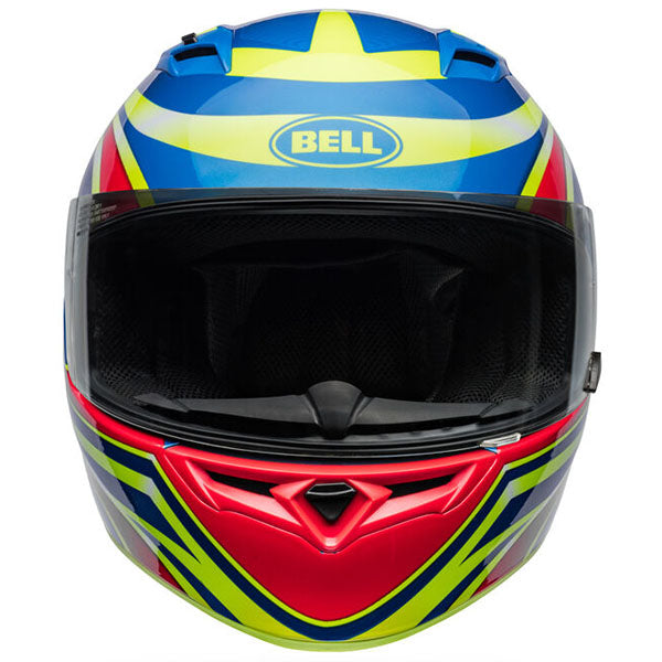 motorcycle helmet, front view, showing aerodynamic shell design, ventilation ports, and secure retention system built for rider comfort and protection