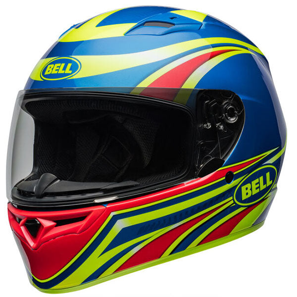 motorcycle helmet, front view, showing aerodynamic shell design, ventilation ports, and secure retention system built for rider comfort and protection