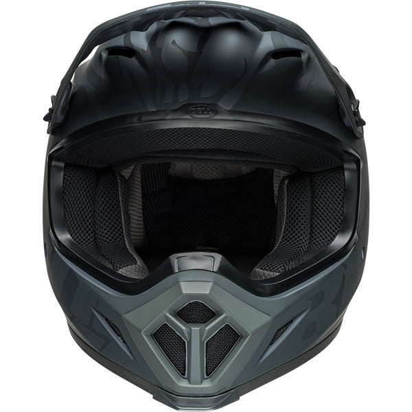motorcycle helmet, front view, showing aerodynamic shell design, ventilation ports, and secure retention system built for rider comfort and protection