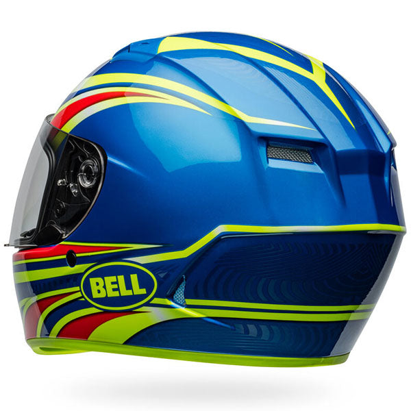 motorcycle helmet, rear view, showing aerodynamic shell design, ventilation ports, and secure retention system built for rider comfort and protection