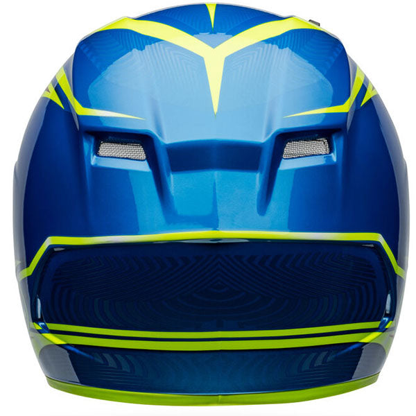 motorcycle helmet, rear view, showing aerodynamic shell design, ventilation ports, and secure retention system built for rider comfort and protection