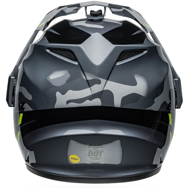 motorcycle helmet, rear view, showing aerodynamic shell design, ventilation ports, and secure retention system built for rider comfort and protection