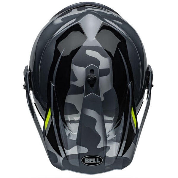 motorcycle helmet, top view, showing aerodynamic shell design, ventilation ports, and secure retention system built for rider comfort and protection