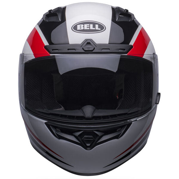 motorcycle helmet, front view, showing aerodynamic shell design, ventilation ports, and secure retention system built for rider comfort and protection