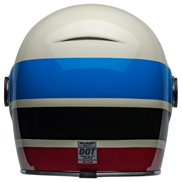 motorcycle helmet, rear view, showing aerodynamic shell design, ventilation ports, and secure retention system built for rider comfort and protection