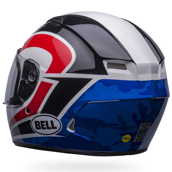 motorcycle helmet, rear view, showing aerodynamic shell design, ventilation ports, and secure retention system built for rider comfort and protection