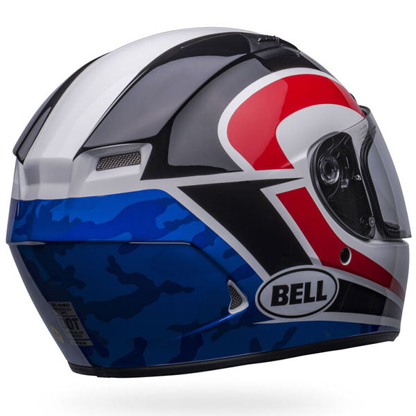 motorcycle helmet, rear view, showing aerodynamic shell design, ventilation ports, and secure retention system built for rider comfort and protection