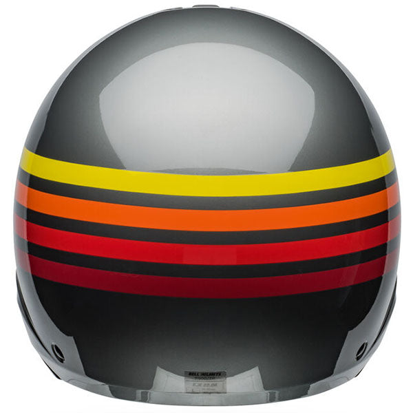 motorcycle helmet, rear view, showing aerodynamic shell design, ventilation ports, and secure retention system built for rider comfort and protection
