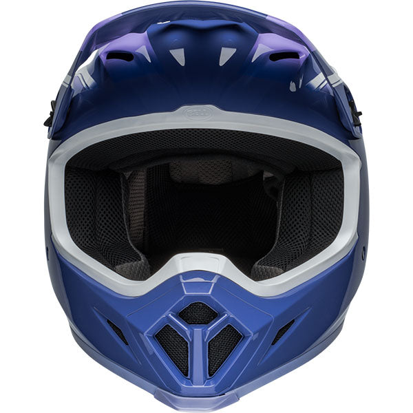 motorcycle helmet, front view, showing aerodynamic shell design, ventilation ports, and secure retention system built for rider comfort and protection