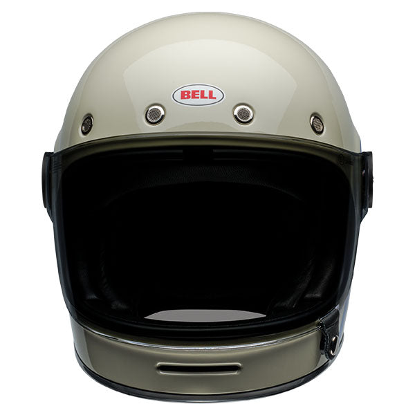 motorcycle helmet, front view, showing aerodynamic shell design, ventilation ports, and secure retention system built for rider comfort and protection