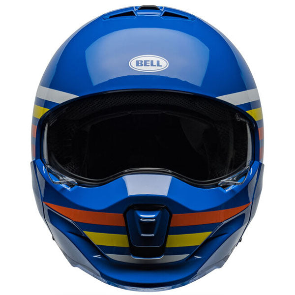 motorcycle helmet, front view, showing aerodynamic shell design, ventilation ports, and secure retention system built for rider comfort and protection. SKU 07159411.