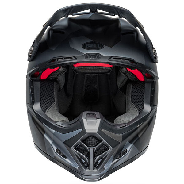 motorcycle helmet, front view, showing aerodynamic shell design, ventilation ports, and secure retention system built for rider comfort and protection. SKU 07160328.