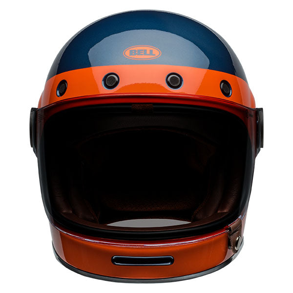 motorcycle helmet, front view, showing aerodynamic shell design, ventilation ports, and secure retention system built for rider comfort and protection