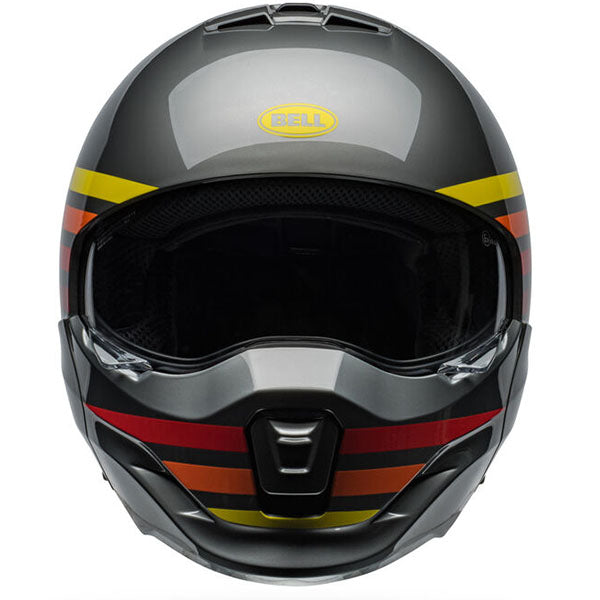 motorcycle helmet, front view, showing aerodynamic shell design, ventilation ports, and secure retention system built for rider comfort and protection