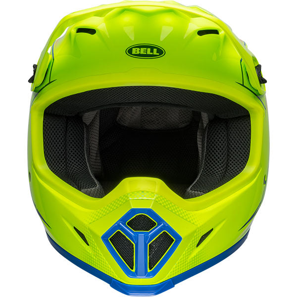motorcycle helmet, front view, showing aerodynamic shell design, ventilation ports, and secure retention system built for rider comfort and protection
