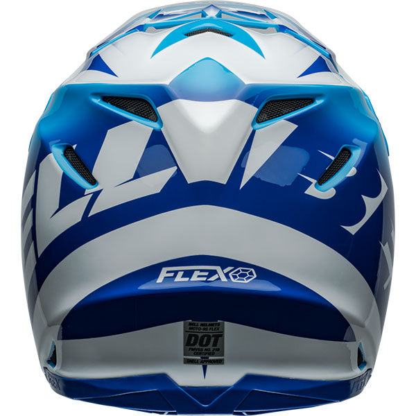 motorcycle helmet, rear view, showing aerodynamic shell design, ventilation ports, and secure retention system built for rider comfort and protection