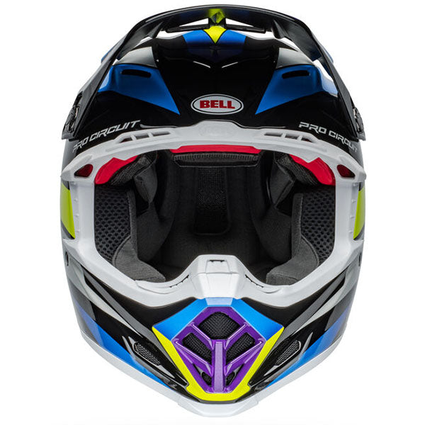 motorcycle helmet, front view, showing aerodynamic shell design, ventilation ports, and secure retention system built for rider comfort and protection