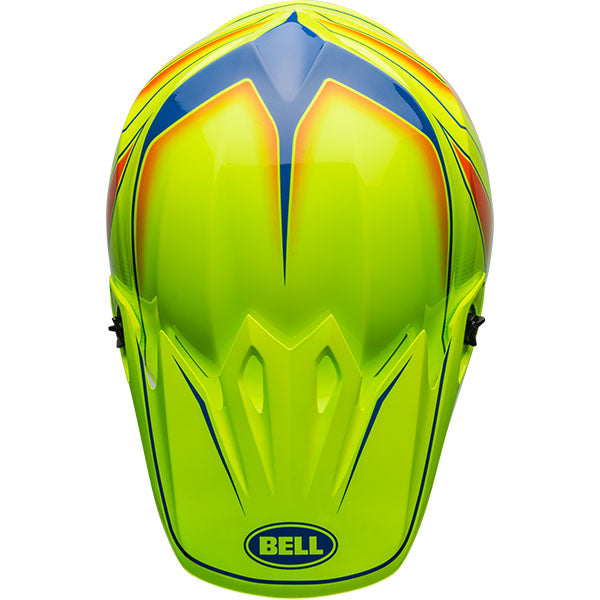 motorcycle helmet, top view, showing aerodynamic shell design, ventilation ports, and secure retention system built for rider comfort and protection