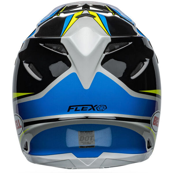 motorcycle helmet, rear view, showing aerodynamic shell design, ventilation ports, and secure retention system built for rider comfort and protection