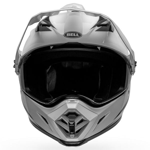 motorcycle helmet, front view, showing aerodynamic shell design, ventilation ports, and secure retention system built for rider comfort and protection