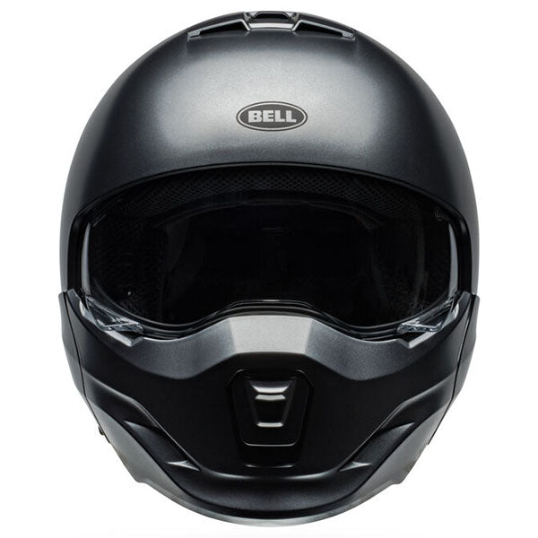 motorcycle helmet, front view, showing aerodynamic shell design, ventilation ports, and secure retention system built for rider comfort and protection
