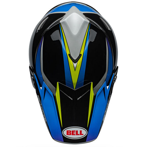 motorcycle helmet, top view, showing aerodynamic shell design, ventilation ports, and secure retention system built for rider comfort and protection