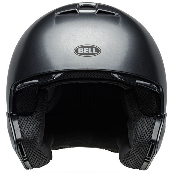 motorcycle helmet, front view, showing aerodynamic shell design, ventilation ports, and secure retention system built for rider comfort and protection