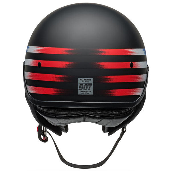 motorcycle helmet, rear view, showing aerodynamic shell design, ventilation ports, and secure retention system built for rider comfort and protection