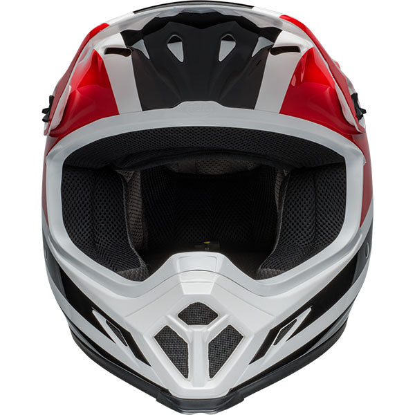 motorcycle helmet, front view, showing aerodynamic shell design, ventilation ports, and secure retention system built for rider comfort and protection