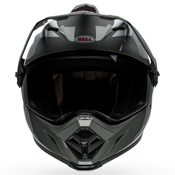 motorcycle helmet, front view, showing aerodynamic shell design, ventilation ports, and secure retention system built for rider comfort and protection