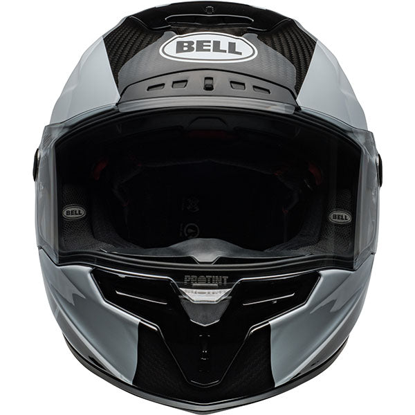 motorcycle helmet, front view, showing aerodynamic shell design, ventilation ports, and secure retention system built for rider comfort and protection