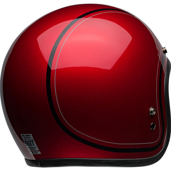 motorcycle helmet, rear view, showing aerodynamic shell design, ventilation ports, and secure retention system built for rider comfort and protection