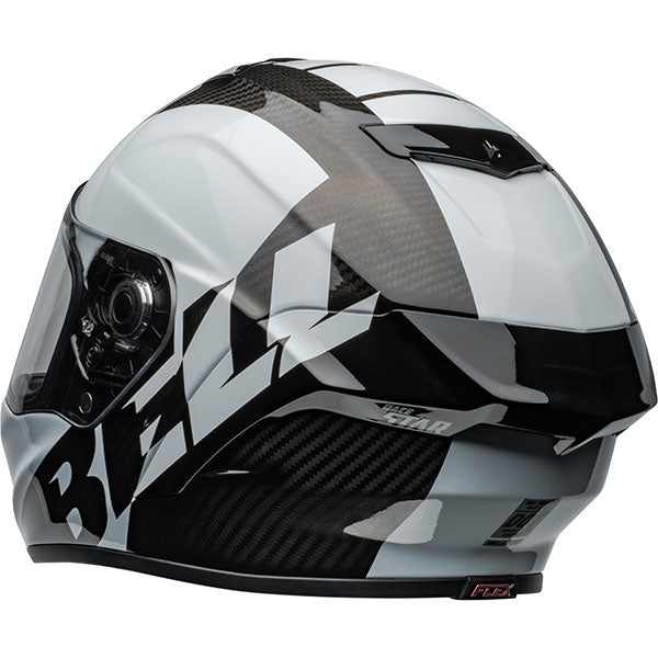 motorcycle helmet, rear view, showing aerodynamic shell design, ventilation ports, and secure retention system built for rider comfort and protection