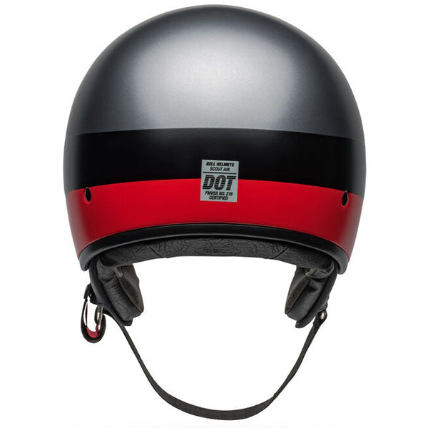motorcycle helmet, rear view, showing aerodynamic shell design, ventilation ports, and secure retention system built for rider comfort and protection