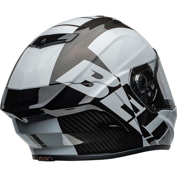 motorcycle helmet, rear view, showing aerodynamic shell design, ventilation ports, and secure retention system built for rider comfort and protection