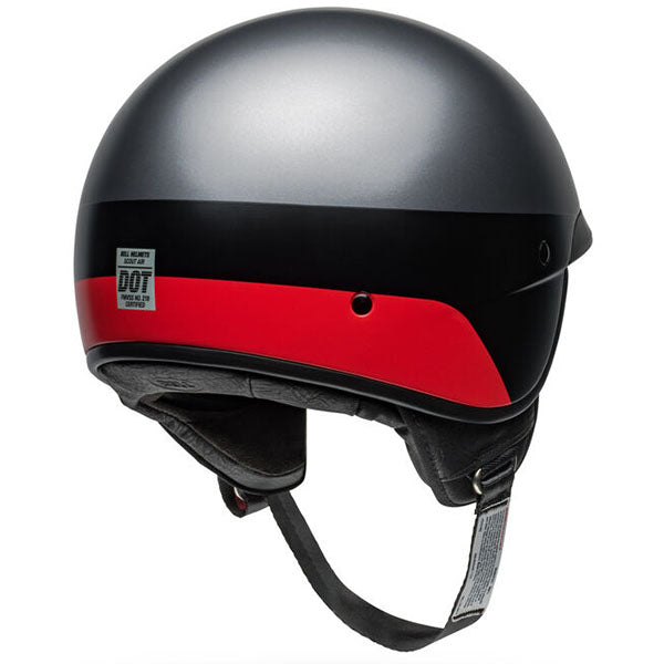motorcycle helmet, rear view, showing aerodynamic shell design, ventilation ports, and secure retention system built for rider comfort and protection