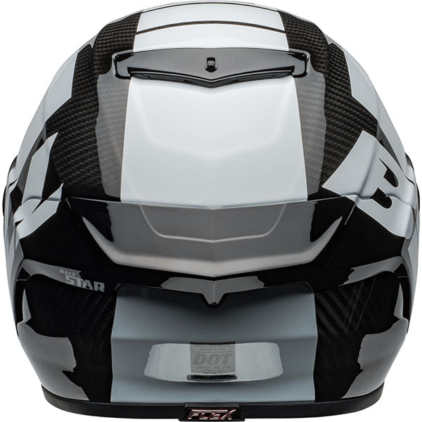 motorcycle helmet, rear view, showing aerodynamic shell design, ventilation ports, and secure retention system built for rider comfort and protection