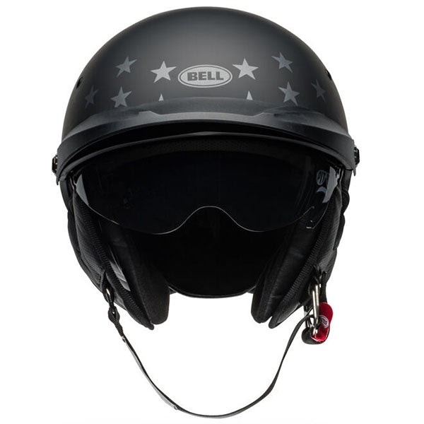 motorcycle helmet, front view, showing aerodynamic shell design, ventilation ports, and secure retention system built for rider comfort and protection