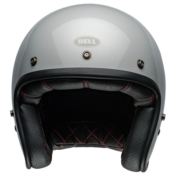 motorcycle helmet, front view, showing aerodynamic shell design, ventilation ports, and secure retention system built for rider comfort and protection