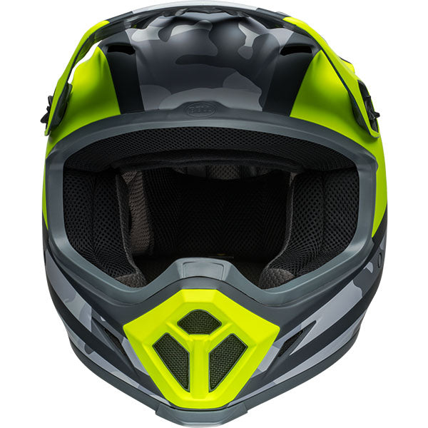 motorcycle helmet, front view, showing aerodynamic shell design, ventilation ports, and secure retention system built for rider comfort and protection