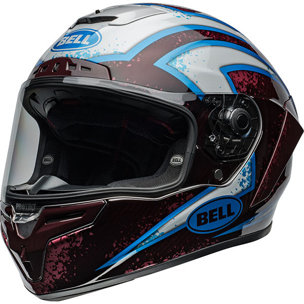 motorcycle helmet, front view, showing aerodynamic shell design, ventilation ports, and secure retention system built for rider comfort and protection