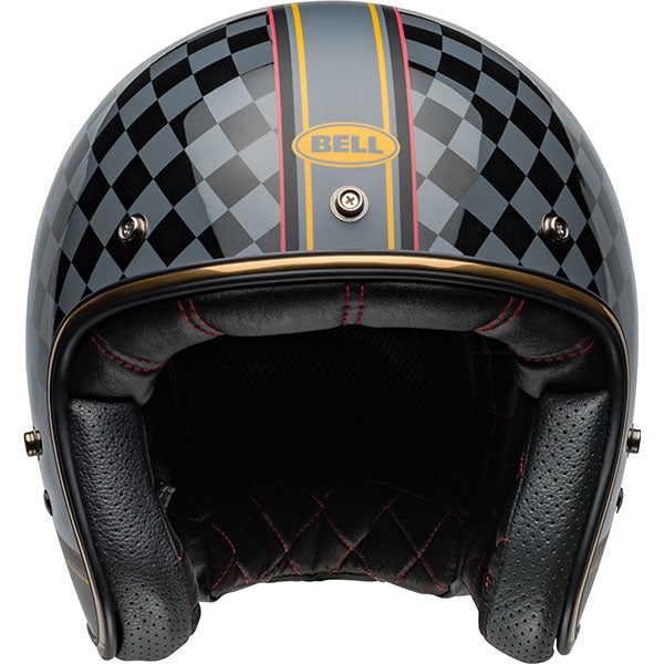 motorcycle helmet, front view, showing aerodynamic shell design, ventilation ports, and secure retention system built for rider comfort and protection