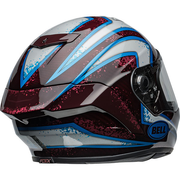 motorcycle helmet, rear view, showing aerodynamic shell design, ventilation ports, and secure retention system built for rider comfort and protection