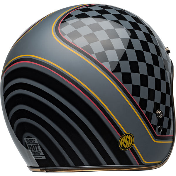 motorcycle helmet, rear view, showing aerodynamic shell design, ventilation ports, and secure retention system built for rider comfort and protection